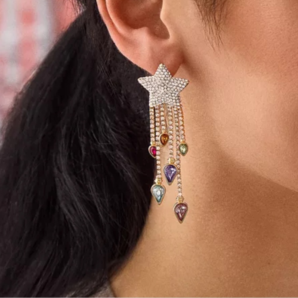 BaubleBar Light Fest Crystal Shooting Star Cascade Earrings Gold Multicolor NWT - Picture 2 of 6